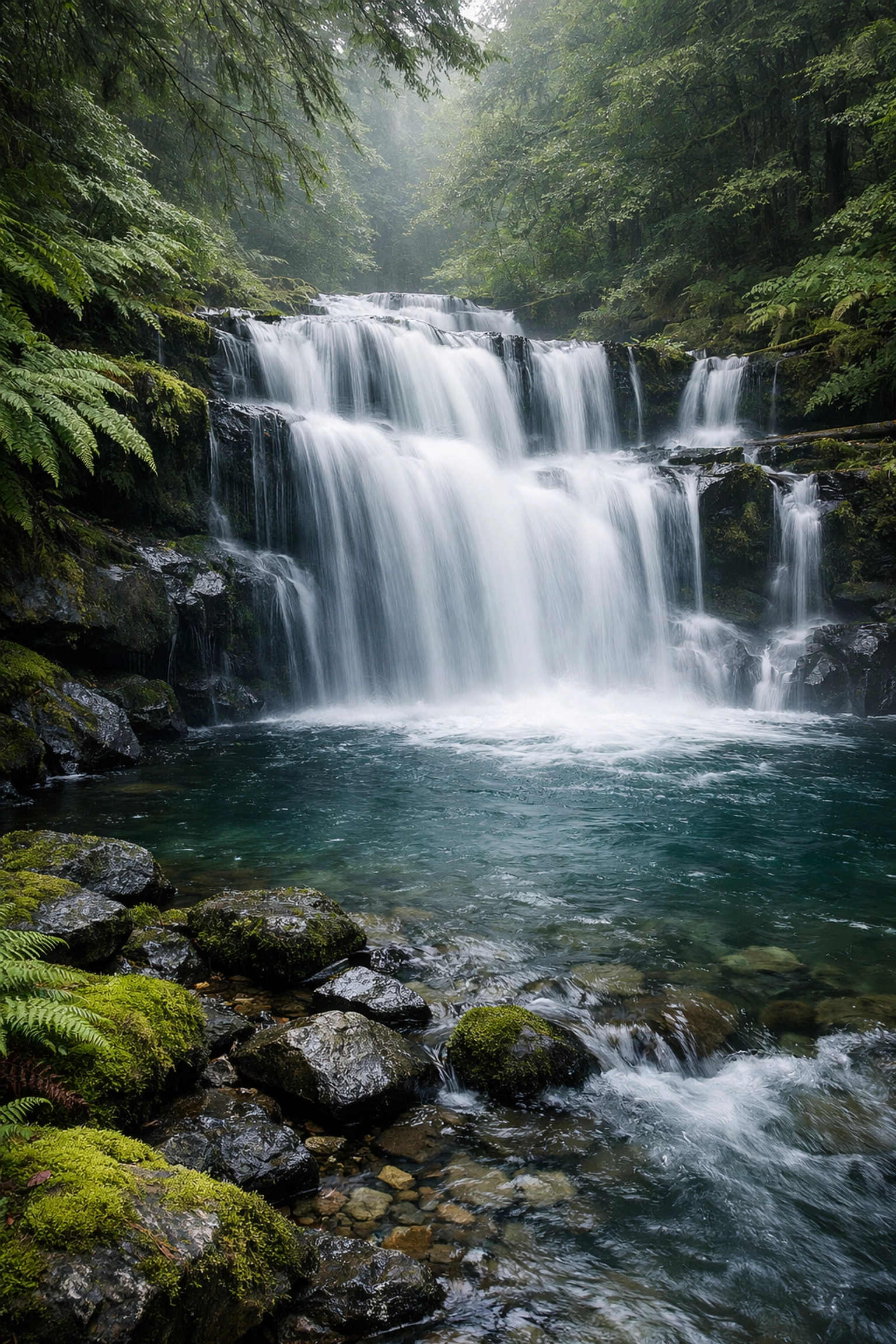 Long exposure landscape photography of a forest waterfall with silky water and lush green moss.