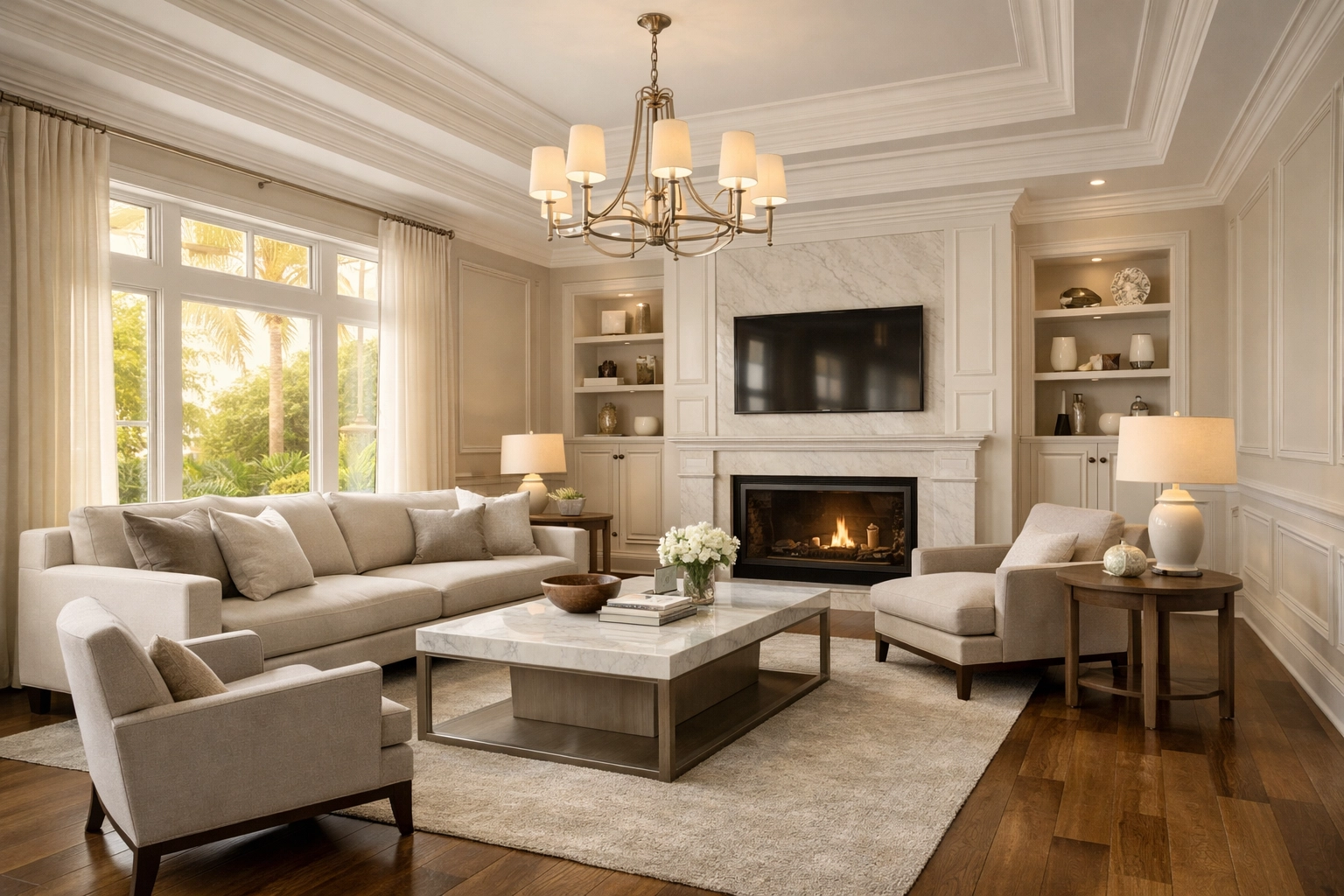 Professional home renovation in Orlando showing precision craftsmanship with custom wall paneling and hardwood floors.