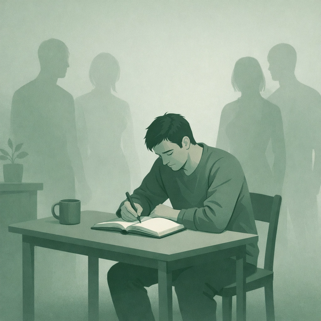 Man journaling alone surrounded by shadows representing psychological isolation and healing