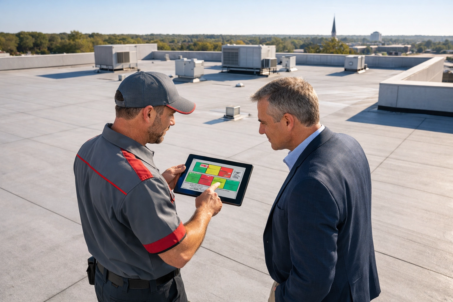 Roofing consultant and property manager reviewing a commercial roof maintenance plan in Salisbury, MD.