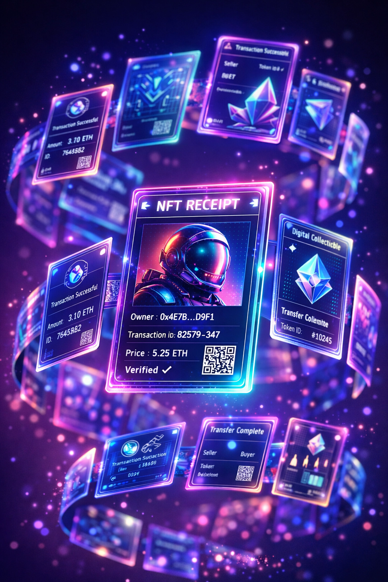 NFT receipt cards showing blockchain verification and digital proof of purchase