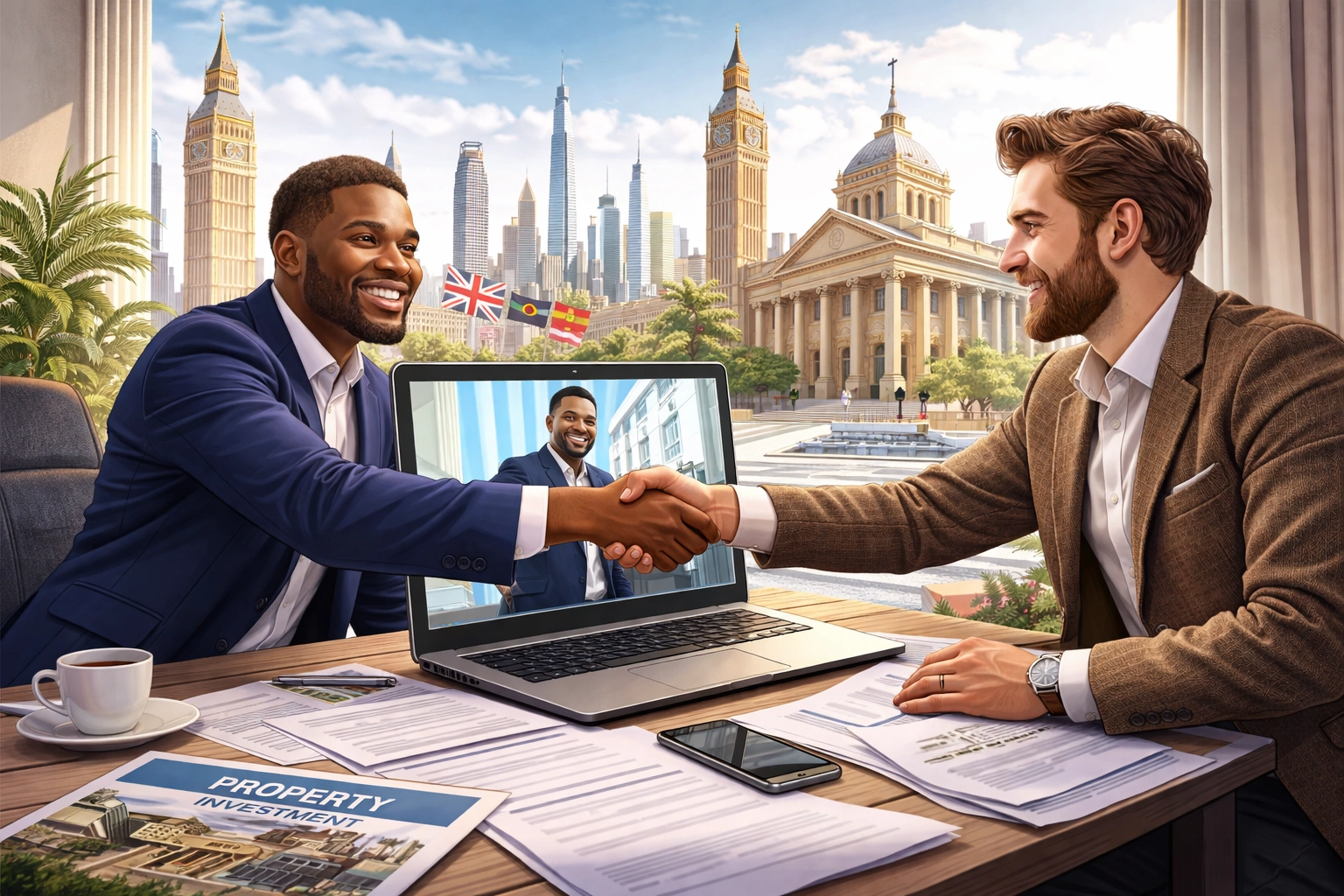 International property investor connecting with an Oldham real estate agent online, showcasing cross-border mortgage support