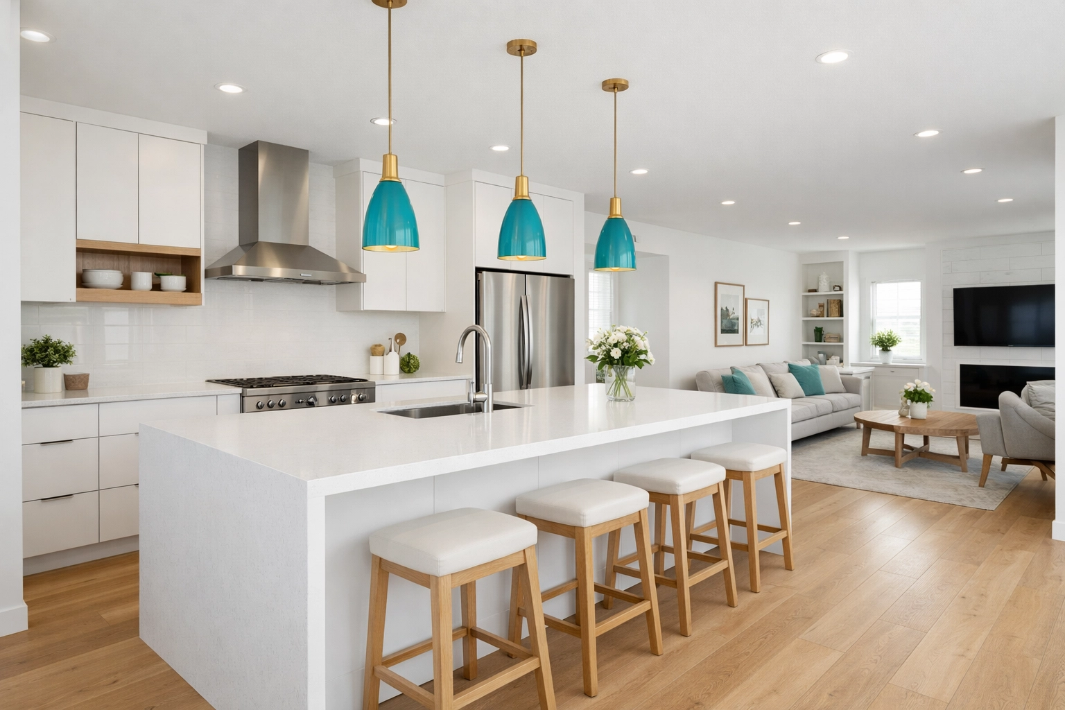 A modern, bright kitchen interior showcasing the finished result of a Saskatoon home improvement.