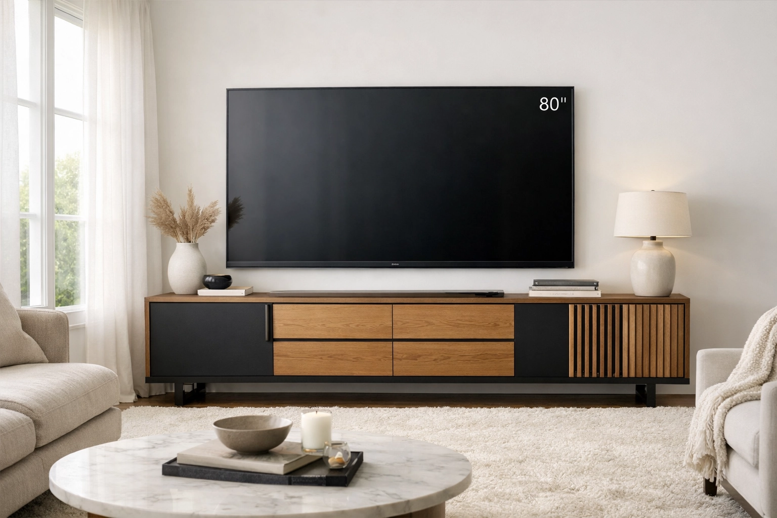 Modern 77-inch wood and black TV stand anchoring a large television in a bright, neutral living room.