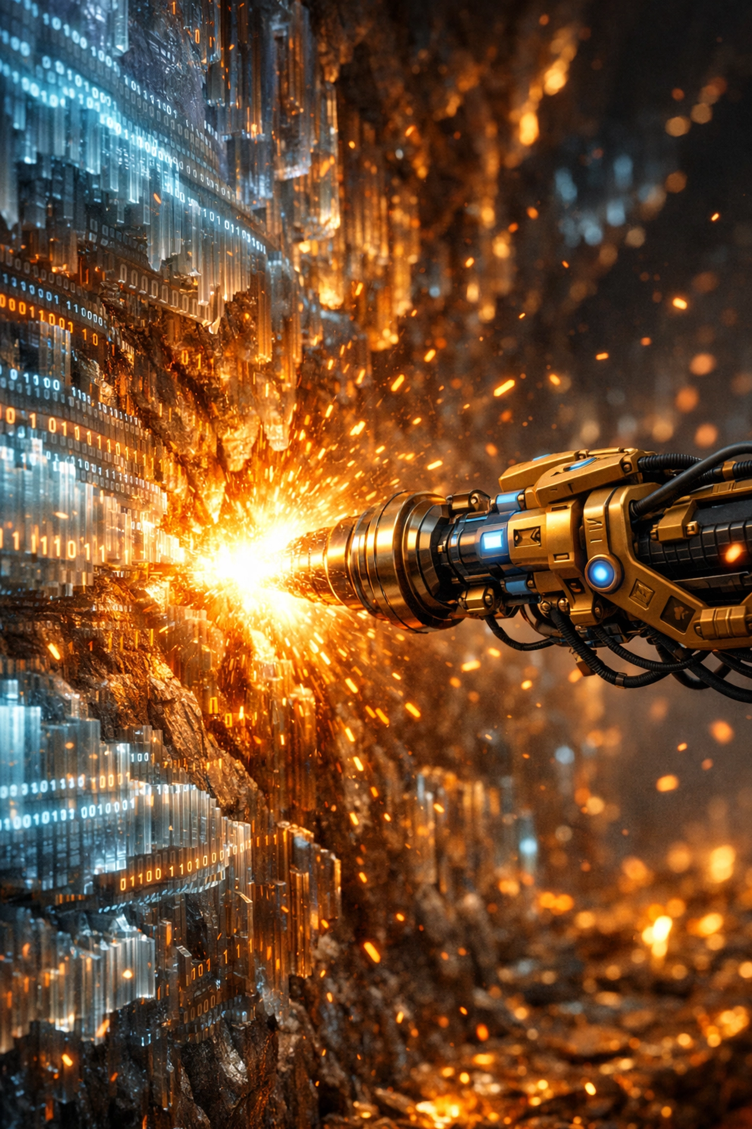 Glowing digital crystals and soundwaves representing valuable insights mined from a recorded keynote speech.