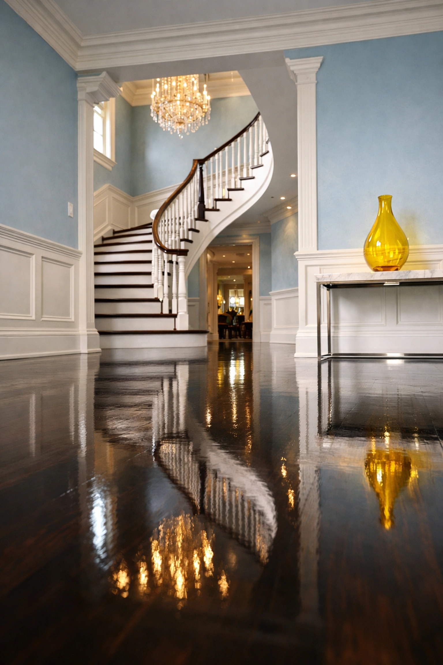 Polished hardwood floors in a grand Wellesley foyer, highlighting expert floor care and professional maintenance.