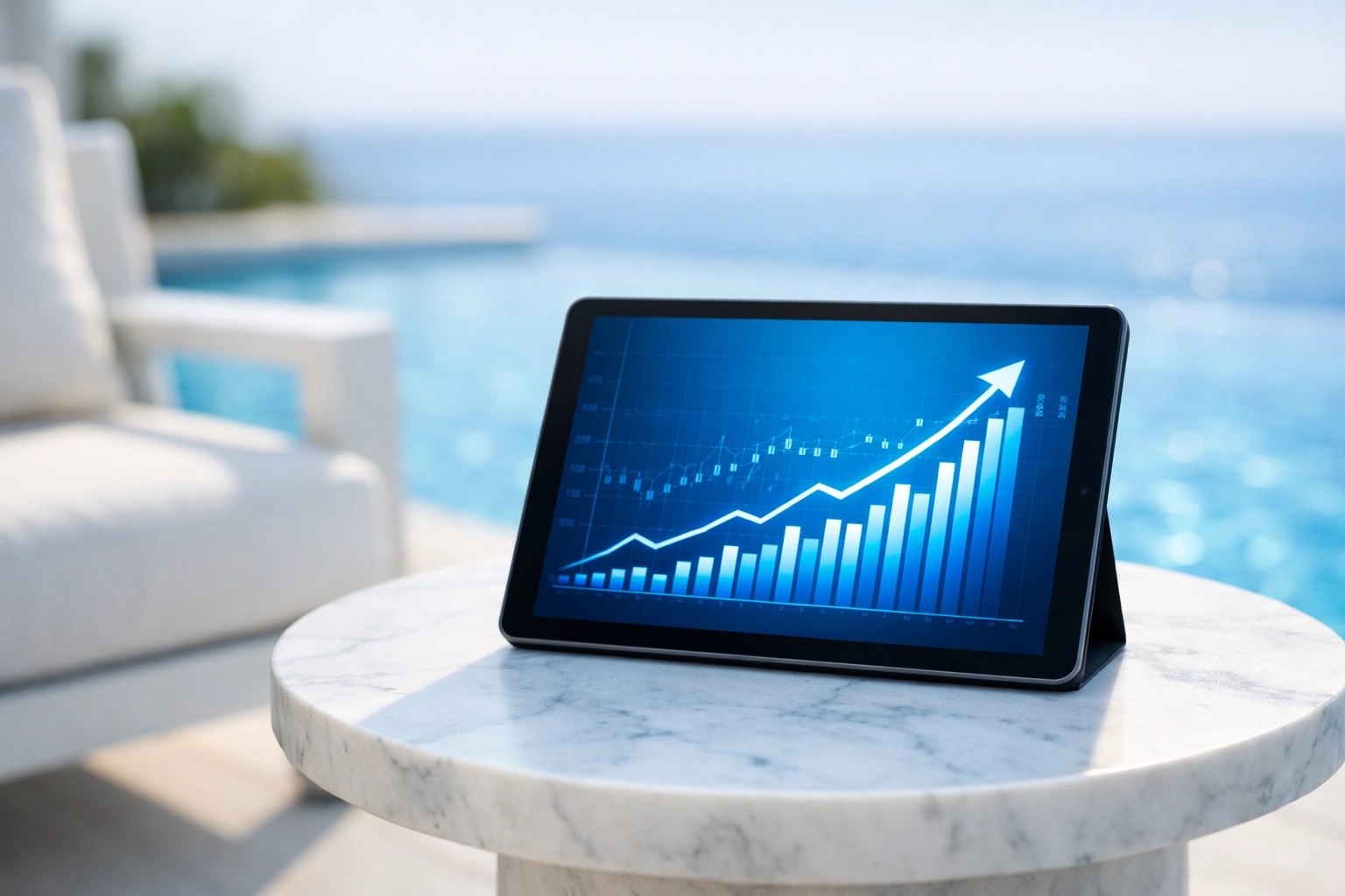 Tablet showing financial growth chart next to a luxury pool illustrating pool route valuation.