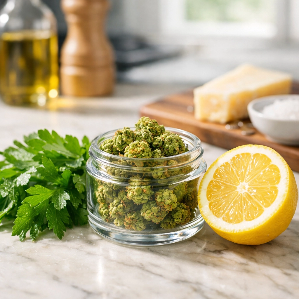 Premium cannabis flower and fresh culinary ingredients prepared for an upscale weed dinner party.