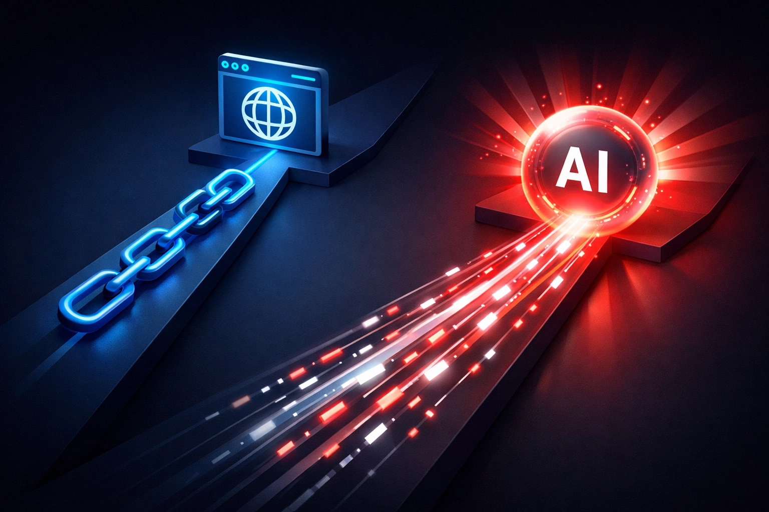 Traditional SEO path with links versus new GEO path with AI data streams comparison