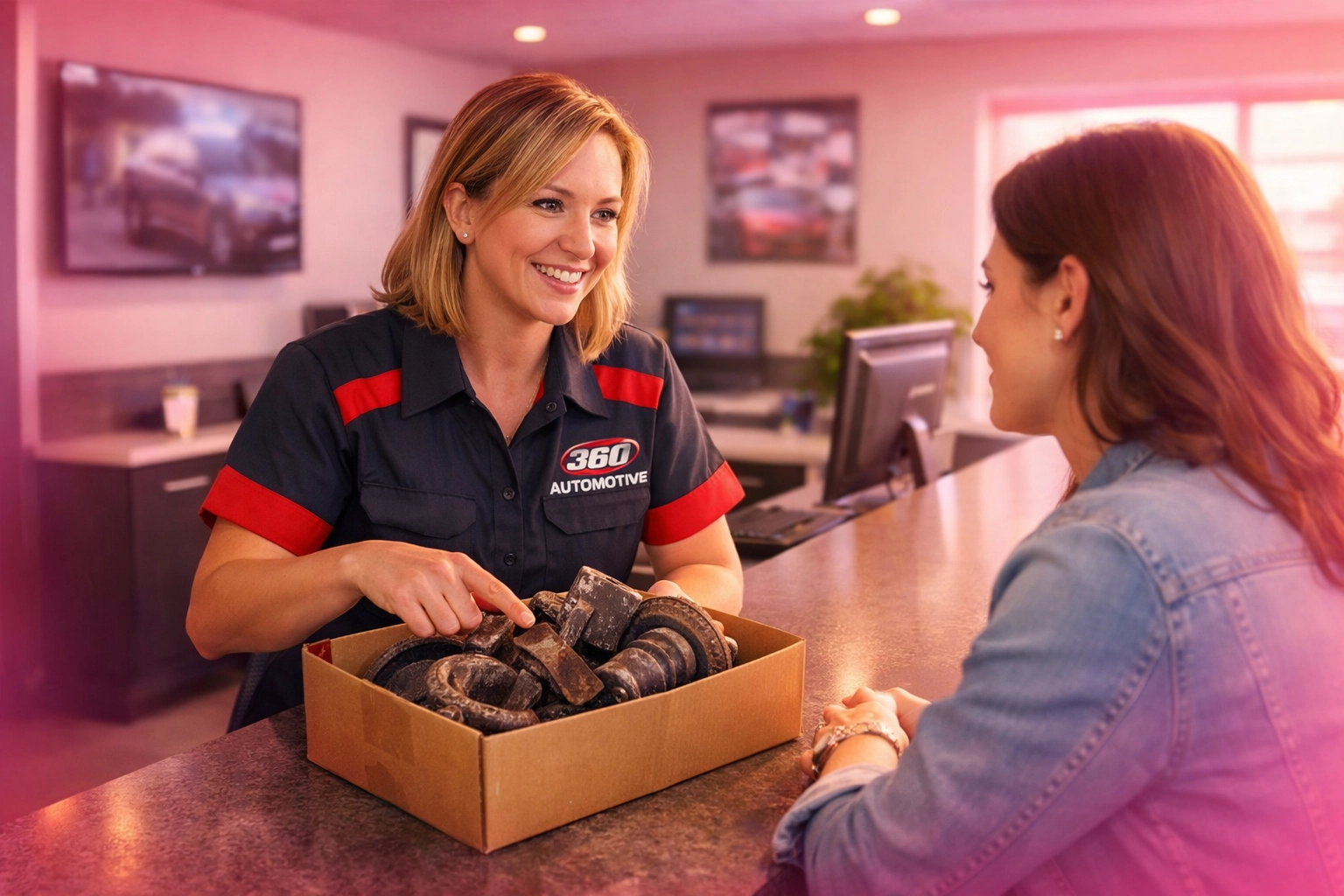 360 Automotive technician showing old brake parts to a customer for honest, local service.