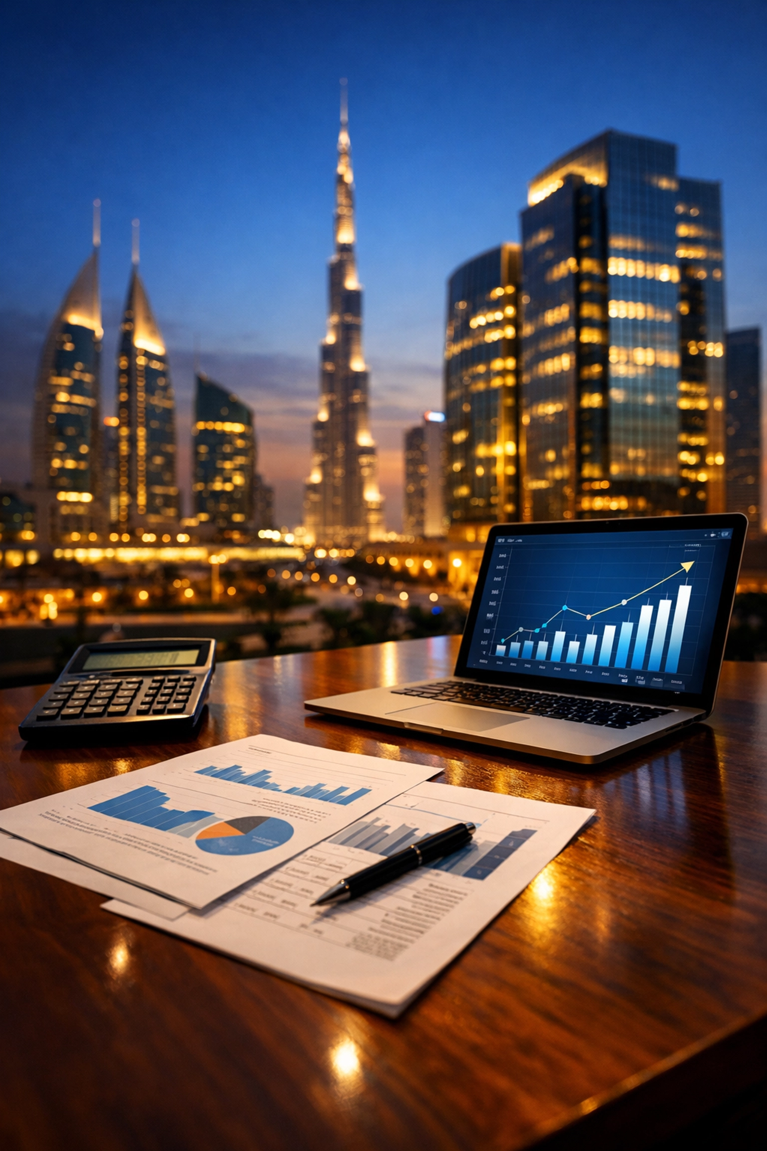 Middle East business district with financial growth charts and startup funding documents