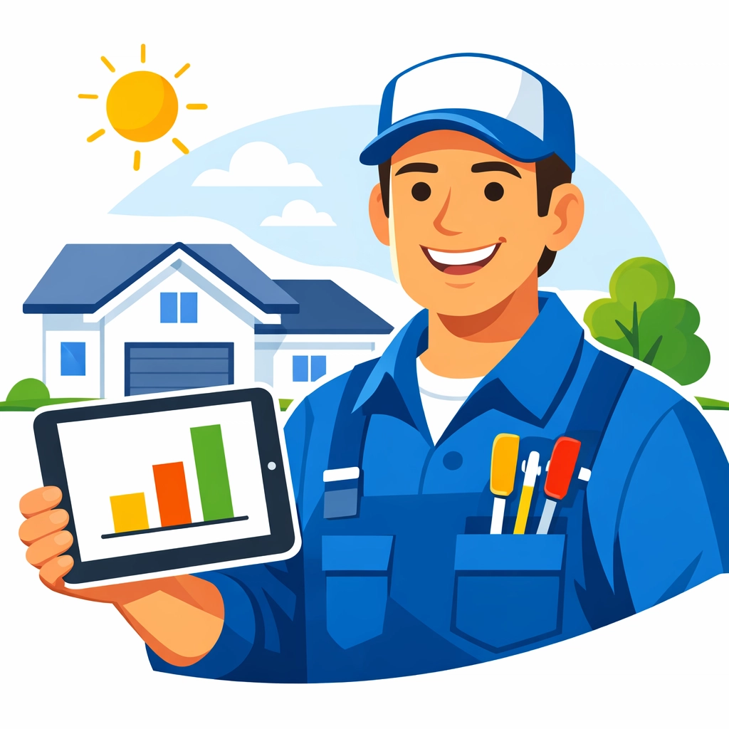 HVAC technician using a digital tablet to manage jobs and track business growth at a customer home.