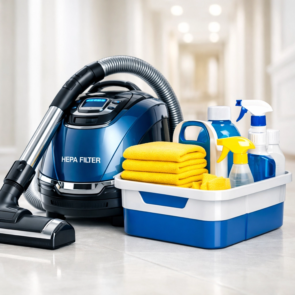 HEPA vacuum and professional tools used by a reliable house cleaning service in Newton for allergy relief.