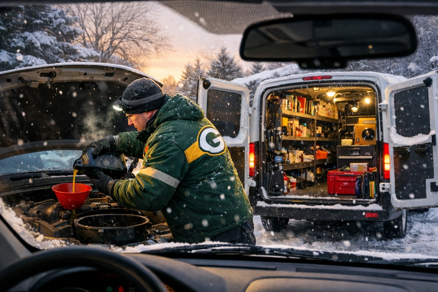 Mobile mechanic performing winter oil change service in Green Bay driveway