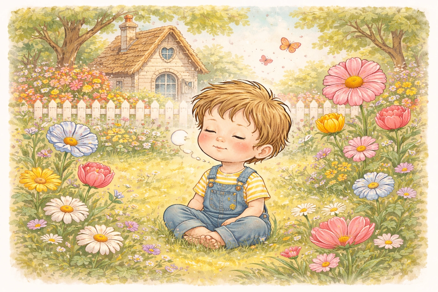 Child practicing mindfulness in a storybook garden, highlighting peaceful outdoor breathing for kids.