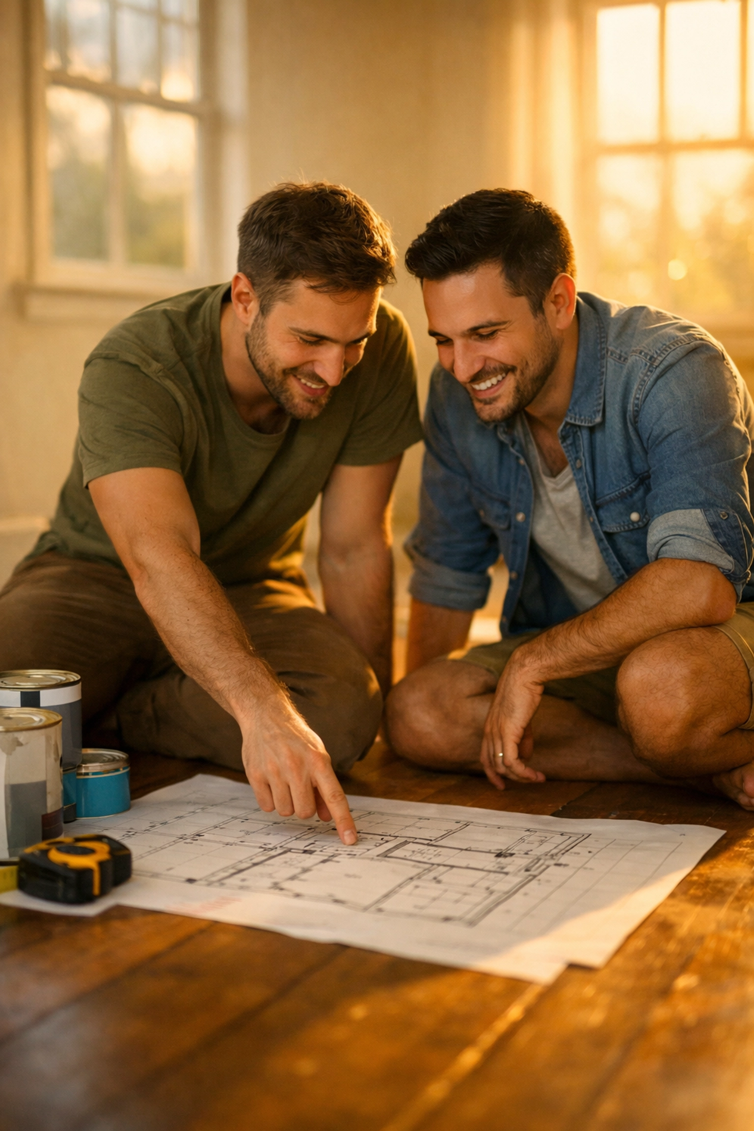 Gay couple reviewing house blueprints and planning their dream home together