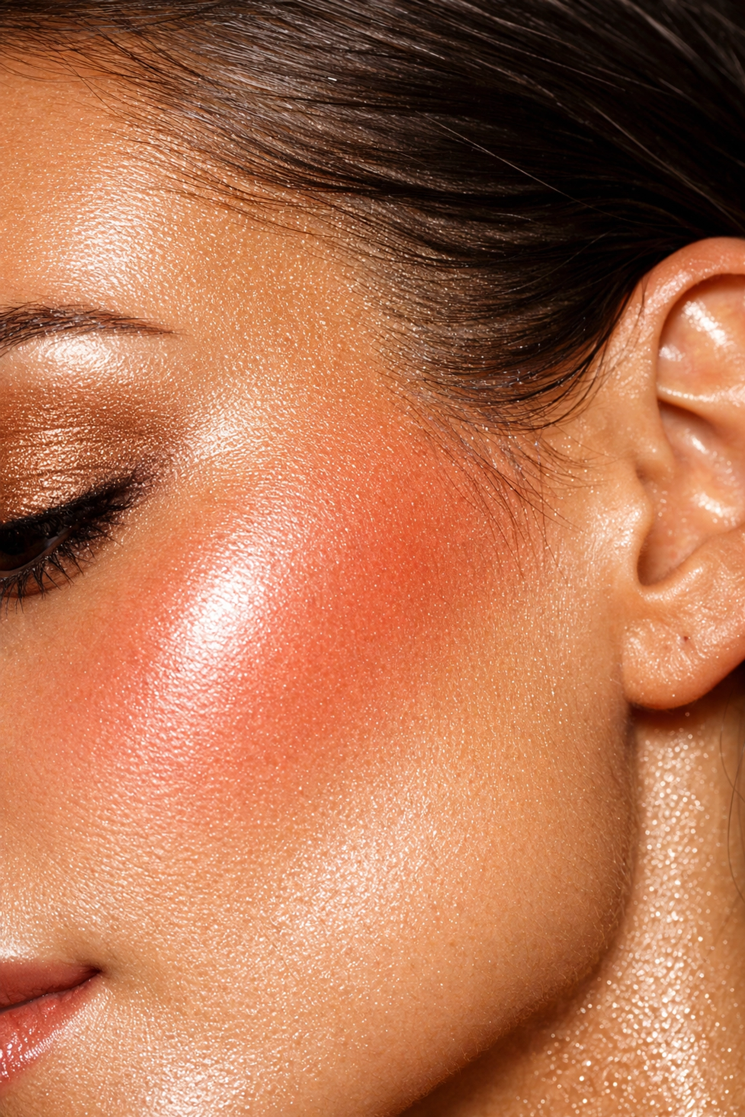 Macro shot of blended blush and bronzer on radiant skin for a sculpted, editorial finish.