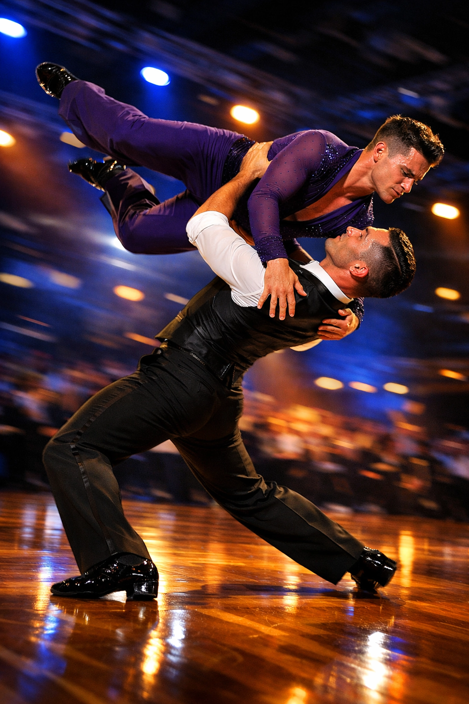 Two male competitive ballroom dancers executing an athletic lift during DanceSport performance