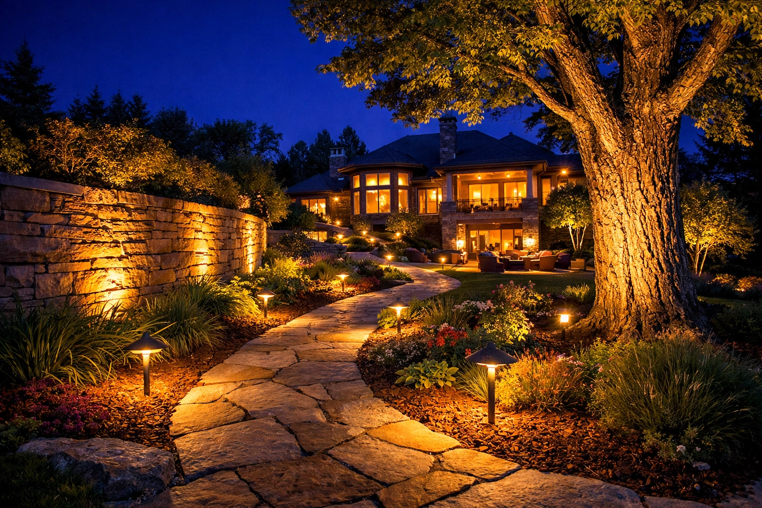 Professional outdoor lighting in Chattanooga highlighting a flagstone walkway and stone retaining wall.