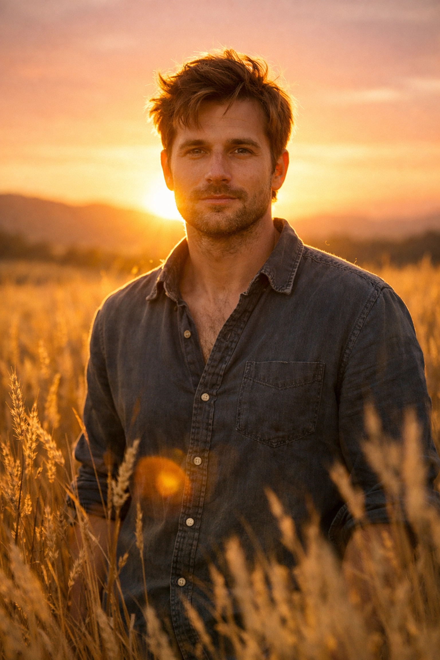 Golden hour field portrait illustrating rim light and backlighting portrait photography techniques.