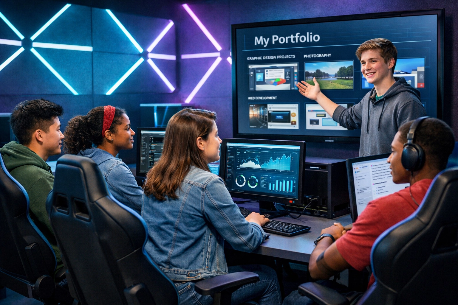 High school students building digital portfolios in CTE esports program computer lab