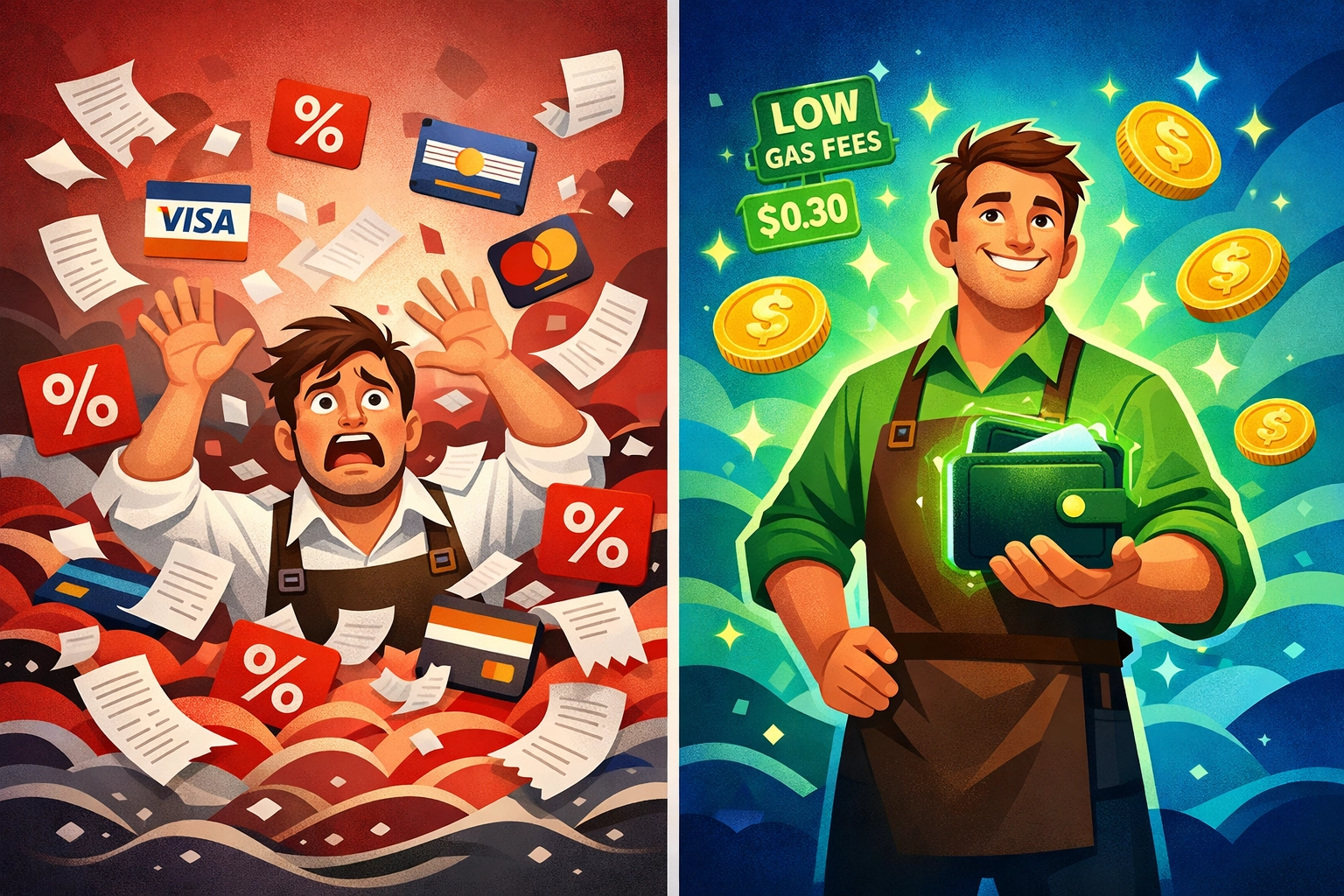 Comparison of traditional payment processing fees versus self-custody crypto payments