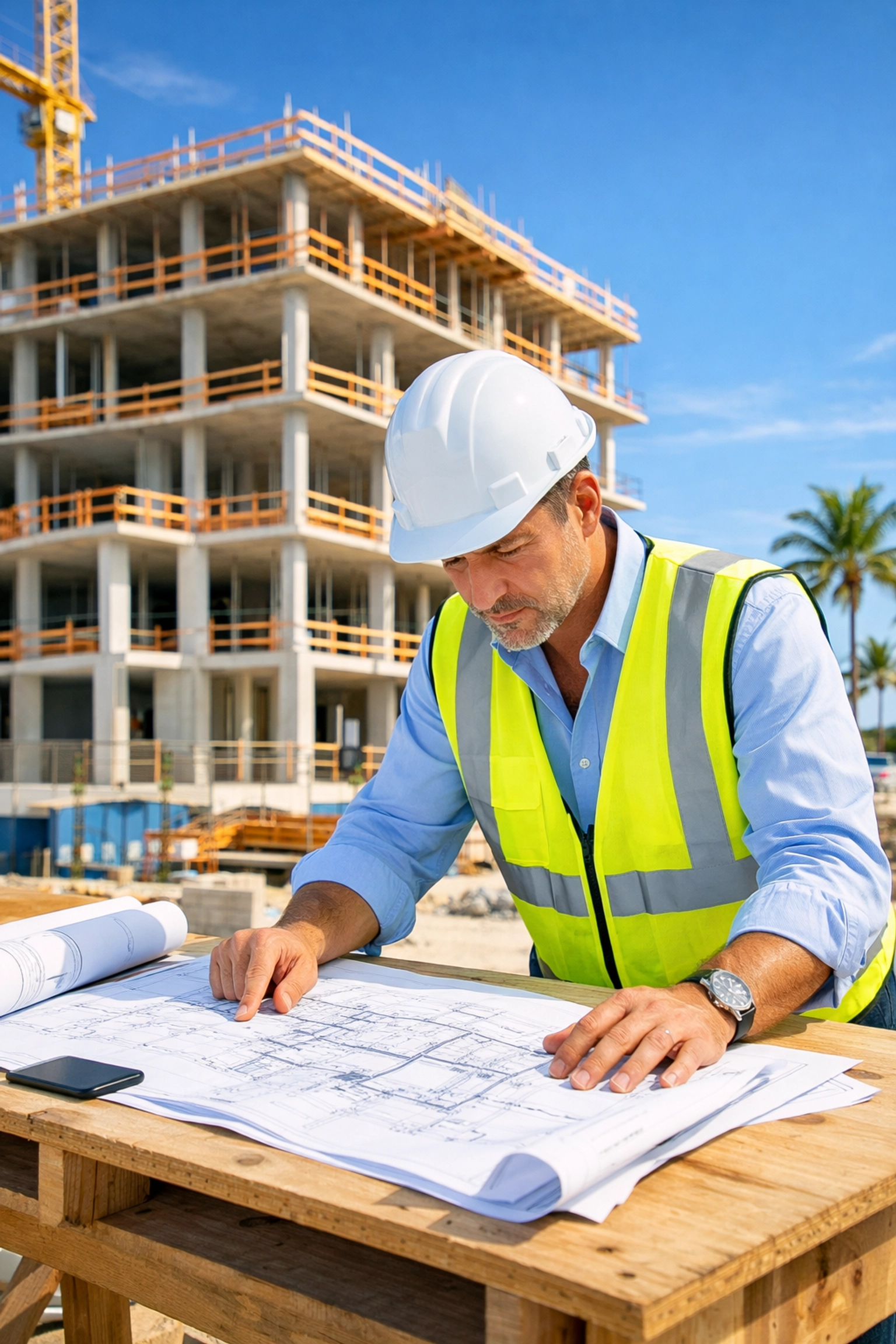 South Florida construction manager reviewing blueprints at a modern commercial development site.
