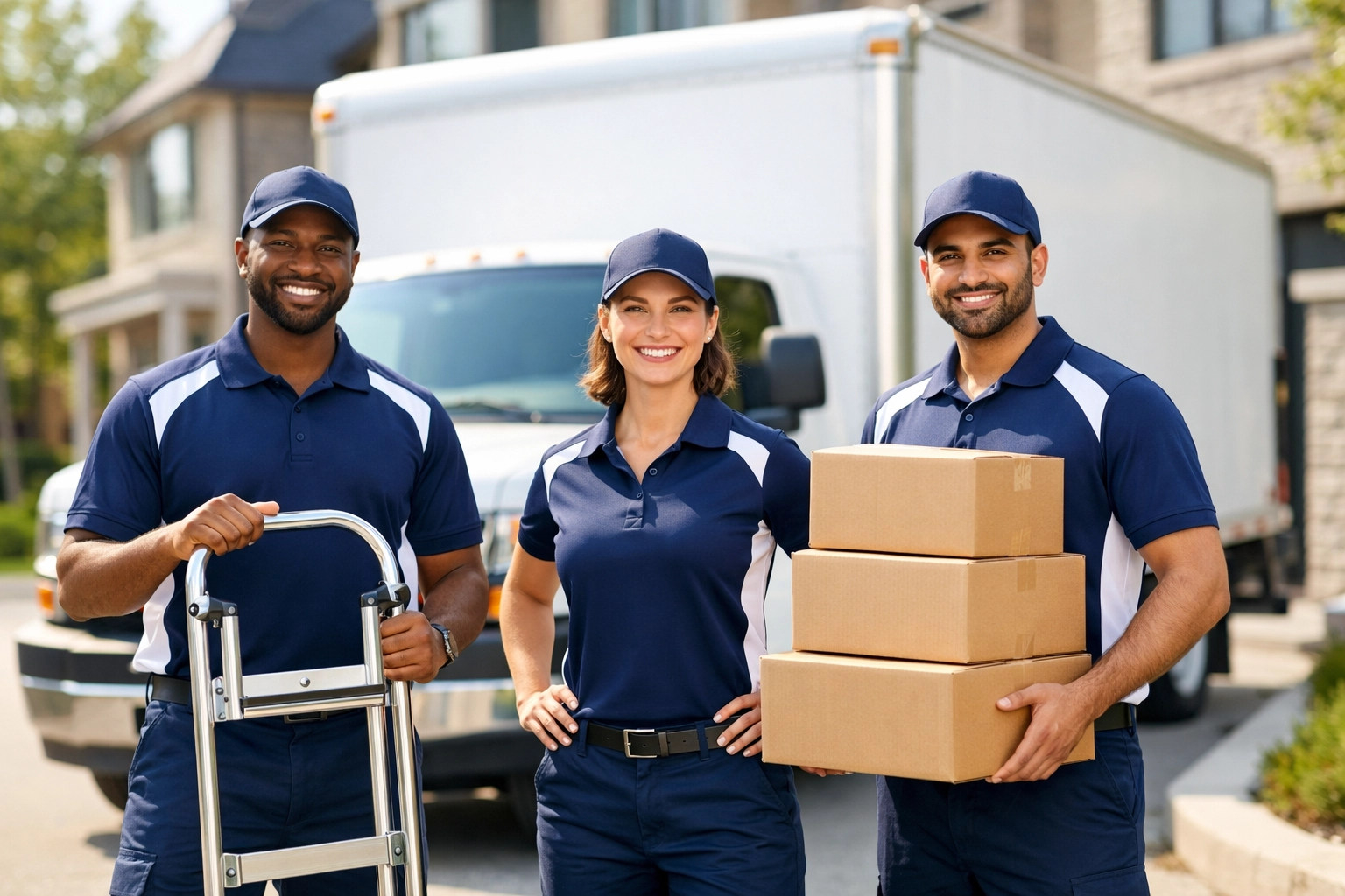 Professional Toronto moving crew in uniform standing by a truck in a residential GTA neighborhood.