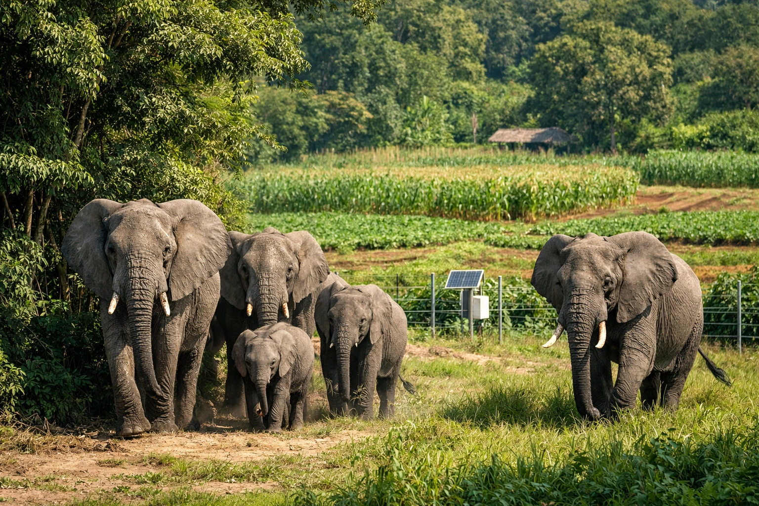 African elephants emerging from a forest near a solar-powered fence for community conservation.