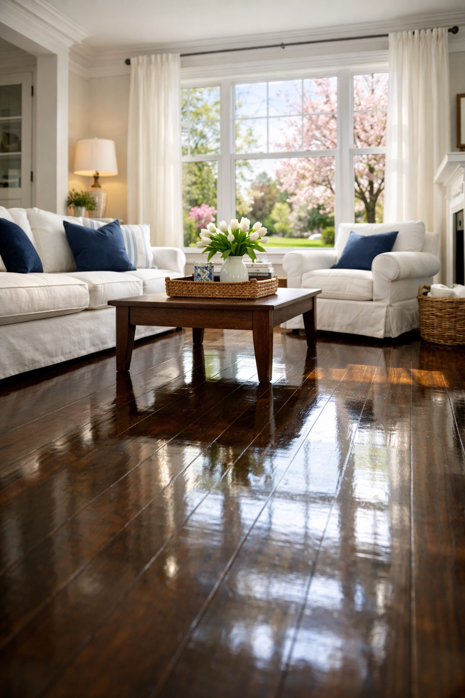 Fresh and airy living room in a Medfield home after a comprehensive spring deep cleaning reset.