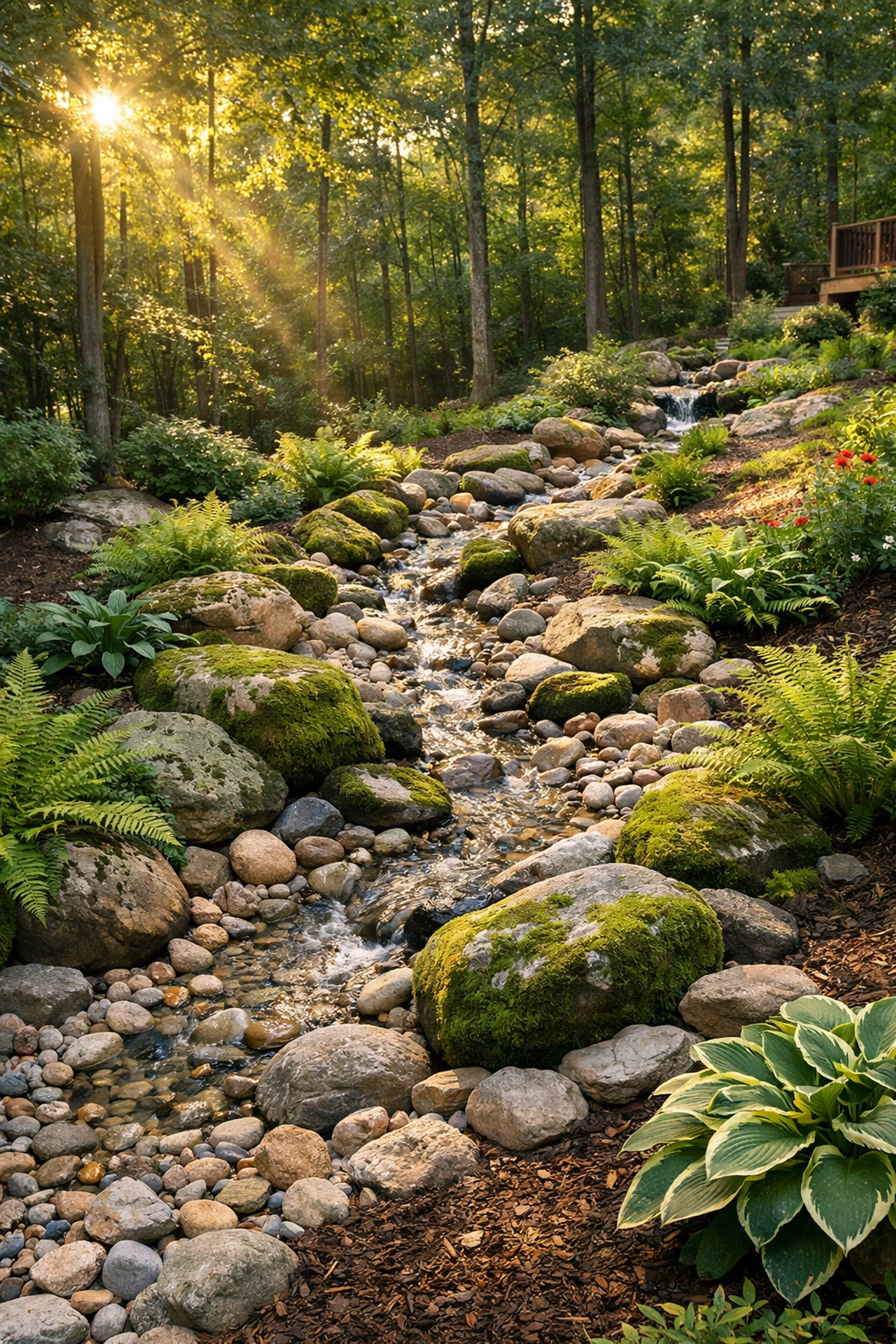 Decorative dry creek bed with river rocks and boulders for erosion control and landscaping.