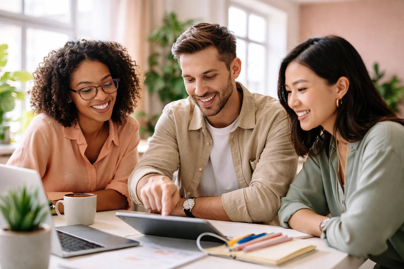 Team collaborating in bright office, symbolizing the importance of communication for social media managers