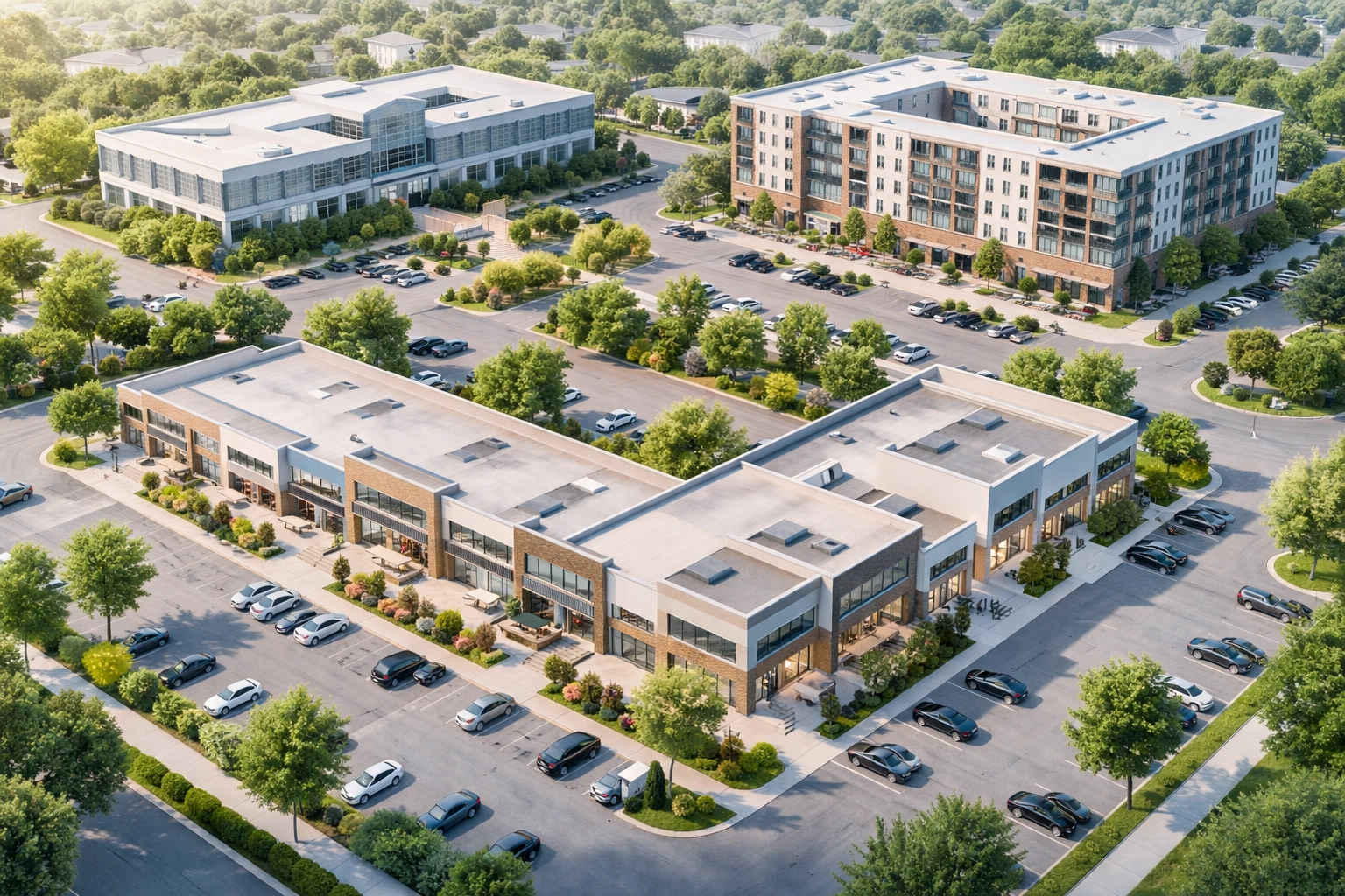 Aerial view of various commercial real estate properties, showing the diversity and value protected by title insurance