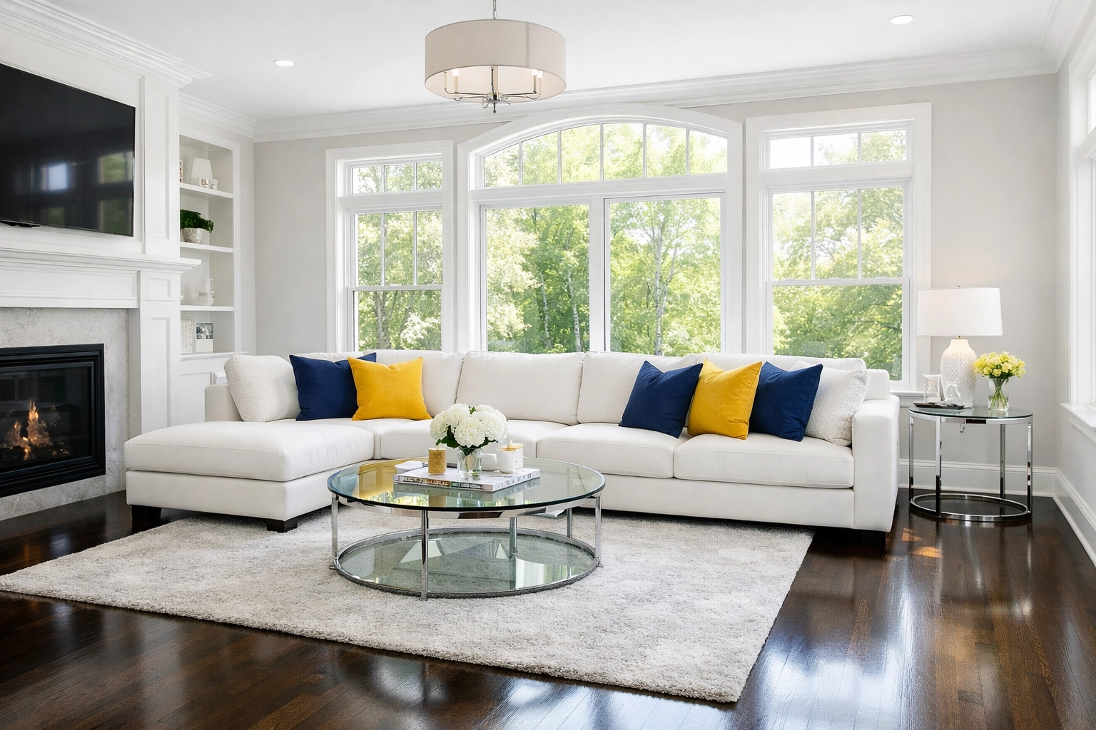 A pristine living room in Acton MA featuring dust-free floors after professional house cleaning.