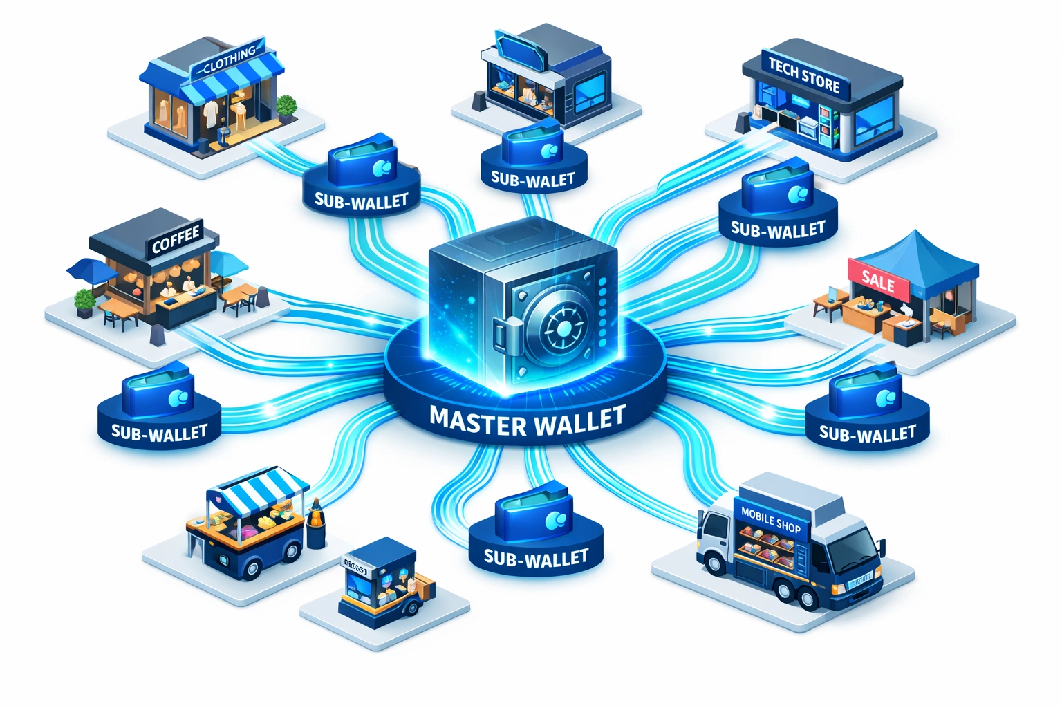 Master wallet system connecting multiple retail locations with sub-wallets for small businesses