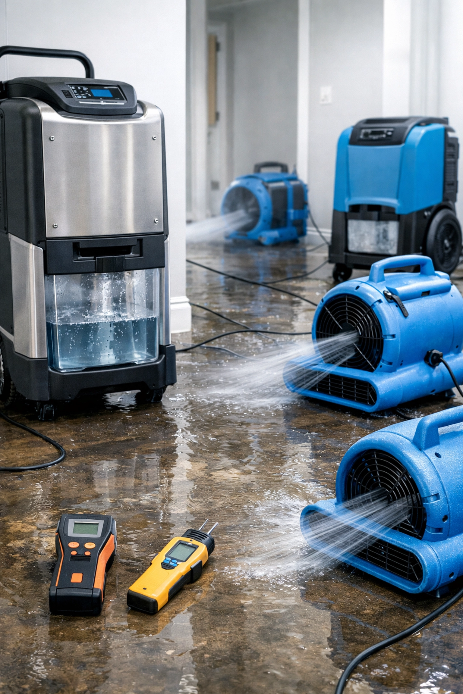 Industrial water damage restoration equipment including dehumidifiers and air movers