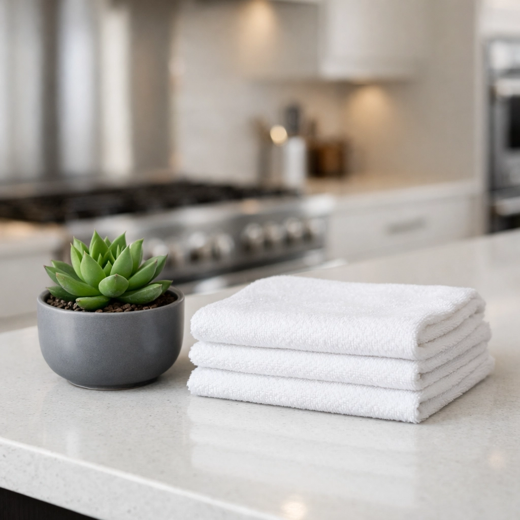 Pristine modern kitchen with professional cleaning supplies highlighting high-quality move-in standards.