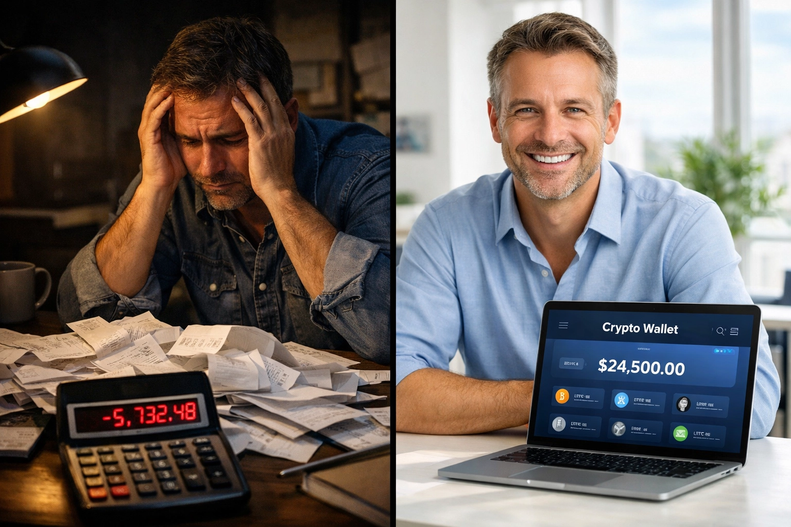 Small business owner switching from traditional payment stress to crypto payment freedom