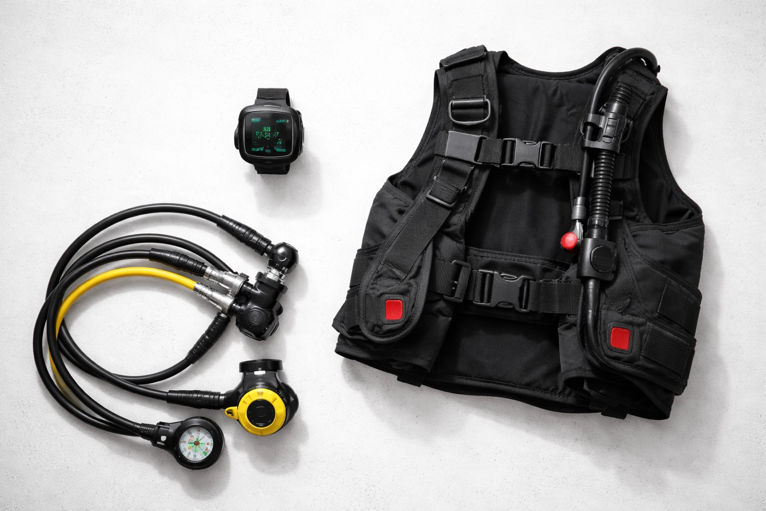 Flach aufgereihte Einsteiger-Tauchausrüstung: Tauchcomputer, BCD-Jacket und Atemregler als Basis für Anfänger