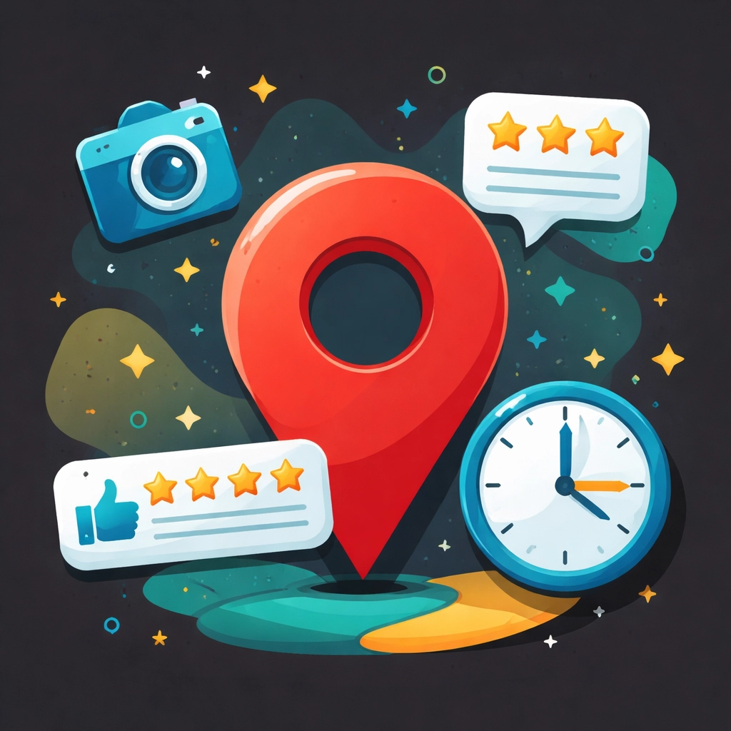 Google Maps pin surrounded by business profile elements, showing the impact of local SEO and Google Business Profile updates.