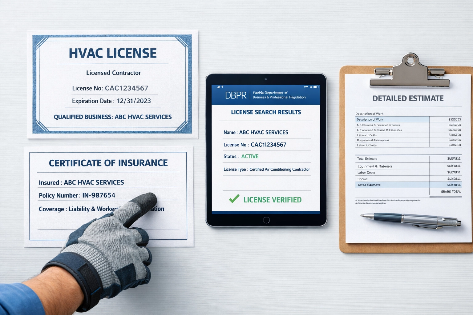 Florida HVAC contractor license documents and insurance certificates for verification