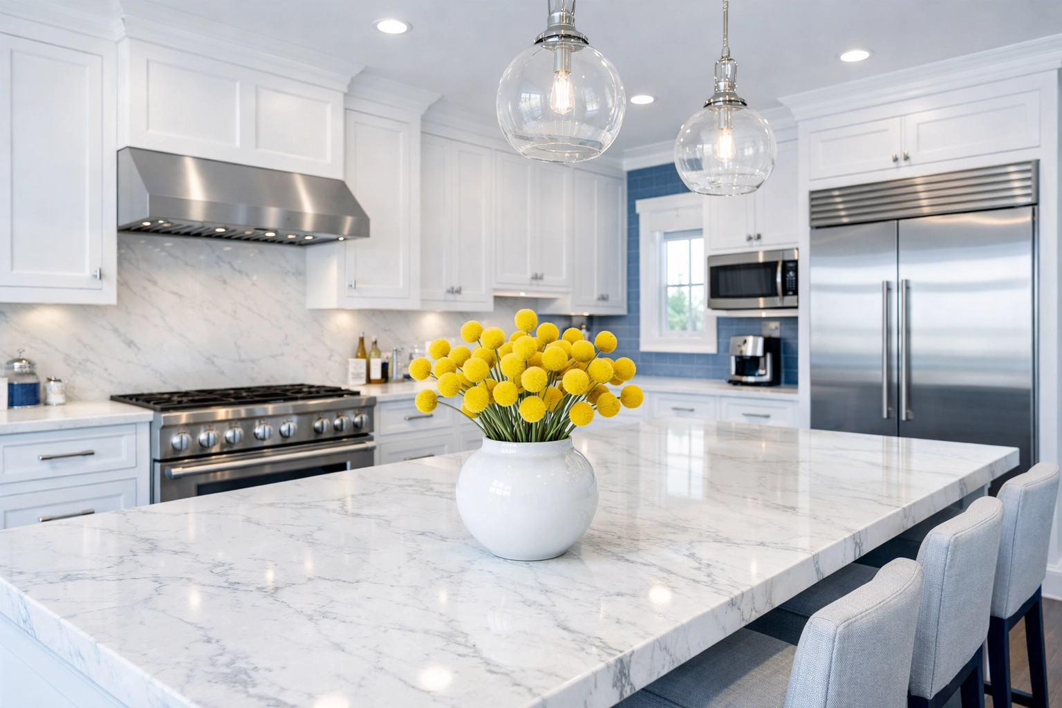 Sparkling white kitchen with marble countertops showing deep cleaning Lowell standards in a luxury home.