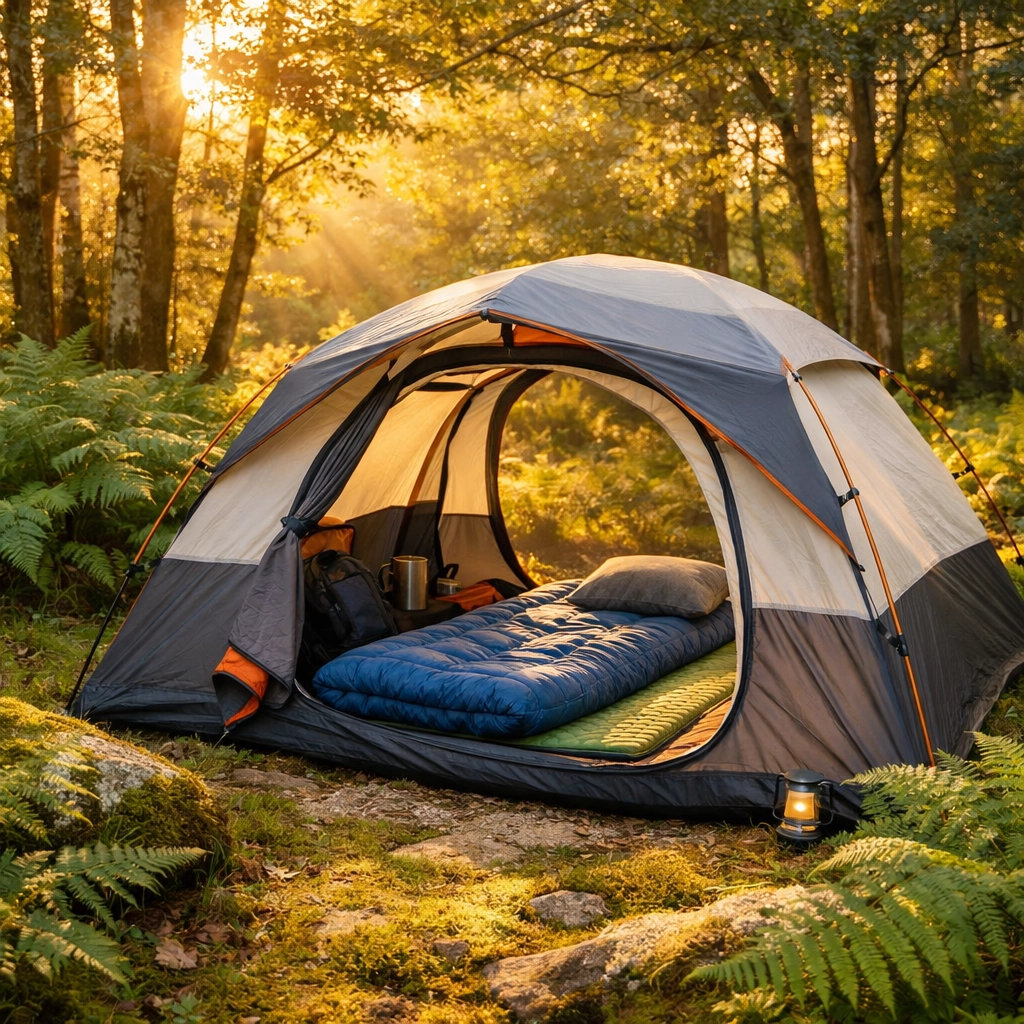 Wild camping tent setup with sleeping bag and mat in UK woodland clearing