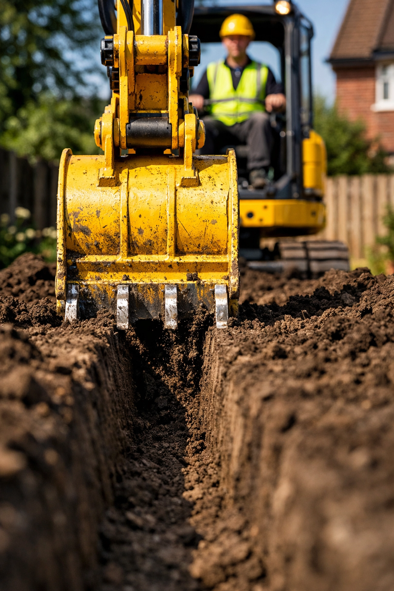 Operated mini digger excavating a precise trench in a Liverpool residential garden.