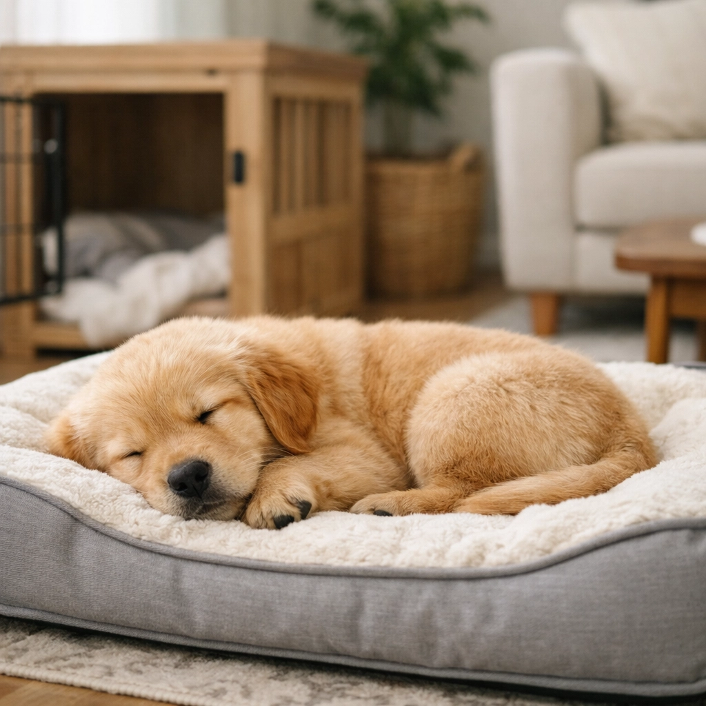 A Golden Retriever puppy sleeping in a peaceful home setting after coming from a Boring Oregon Golden Retriever breeder.