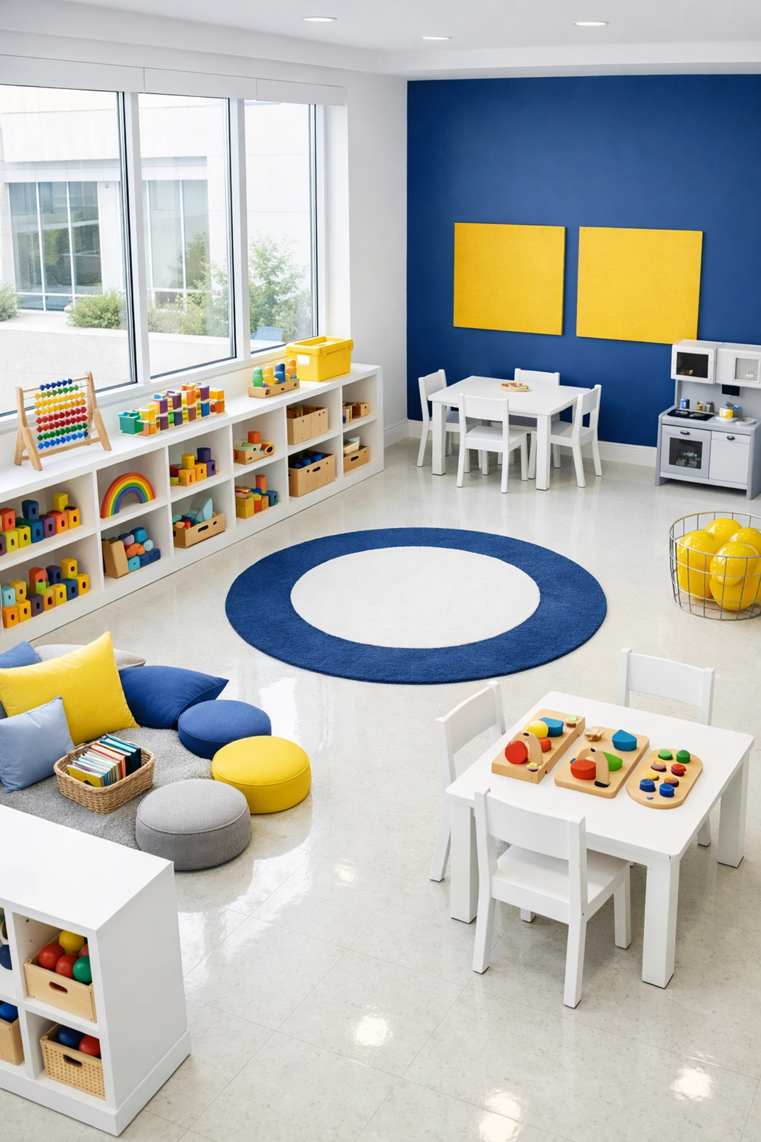 Sterile modern daycare playroom with organized toys and polished floors after specialized commercial cleaning.