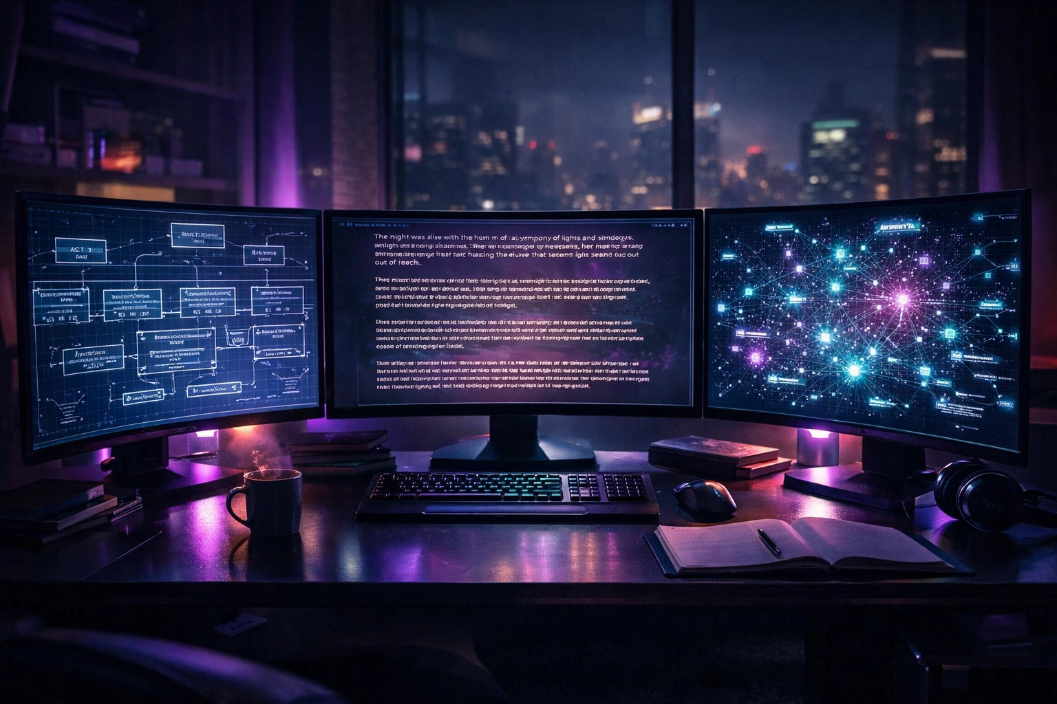 A modern writer's command center with screens displaying AI prose generation and story architecture.