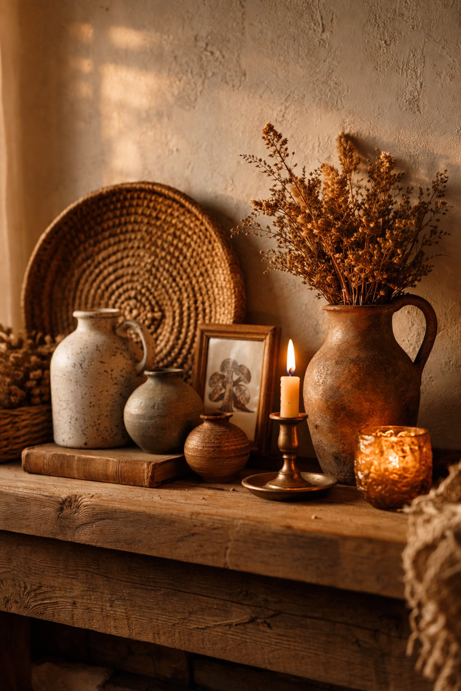 Rustic mantel vignette with one-of-a-kind handcrafted gifts, baskets, ceramics, and botanicals on display
