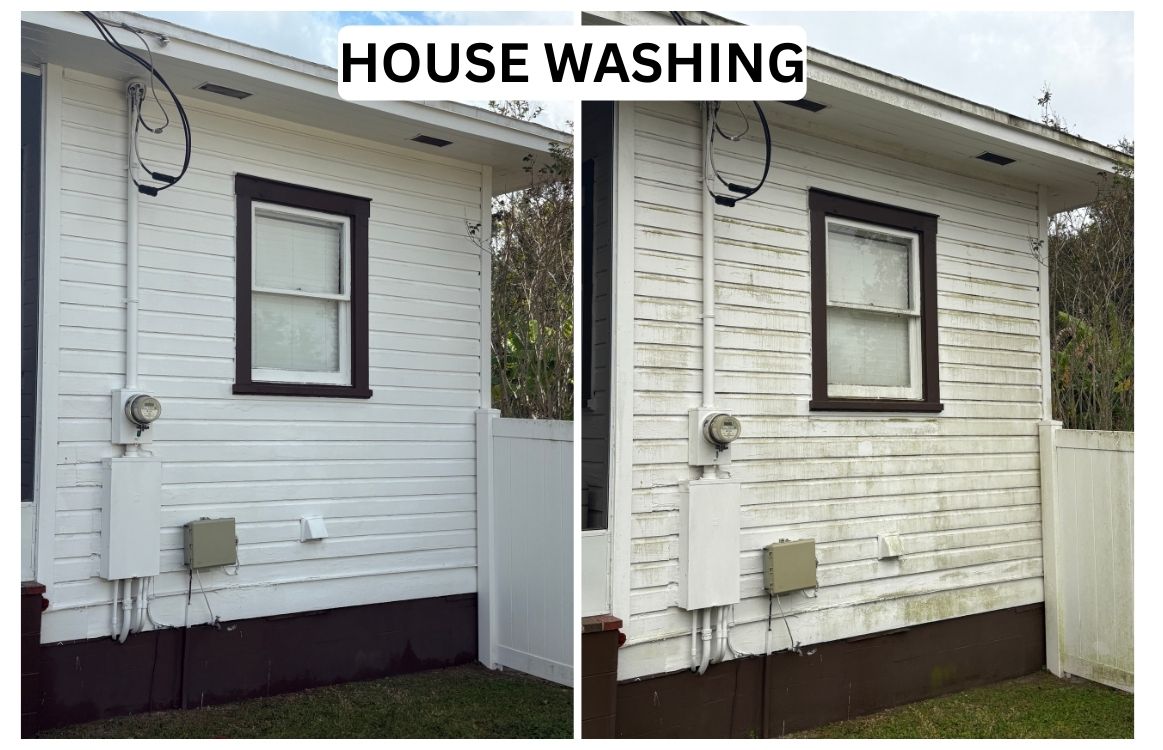 This side-by-side shows how professional washing restores the original brightness of your home's exterior features