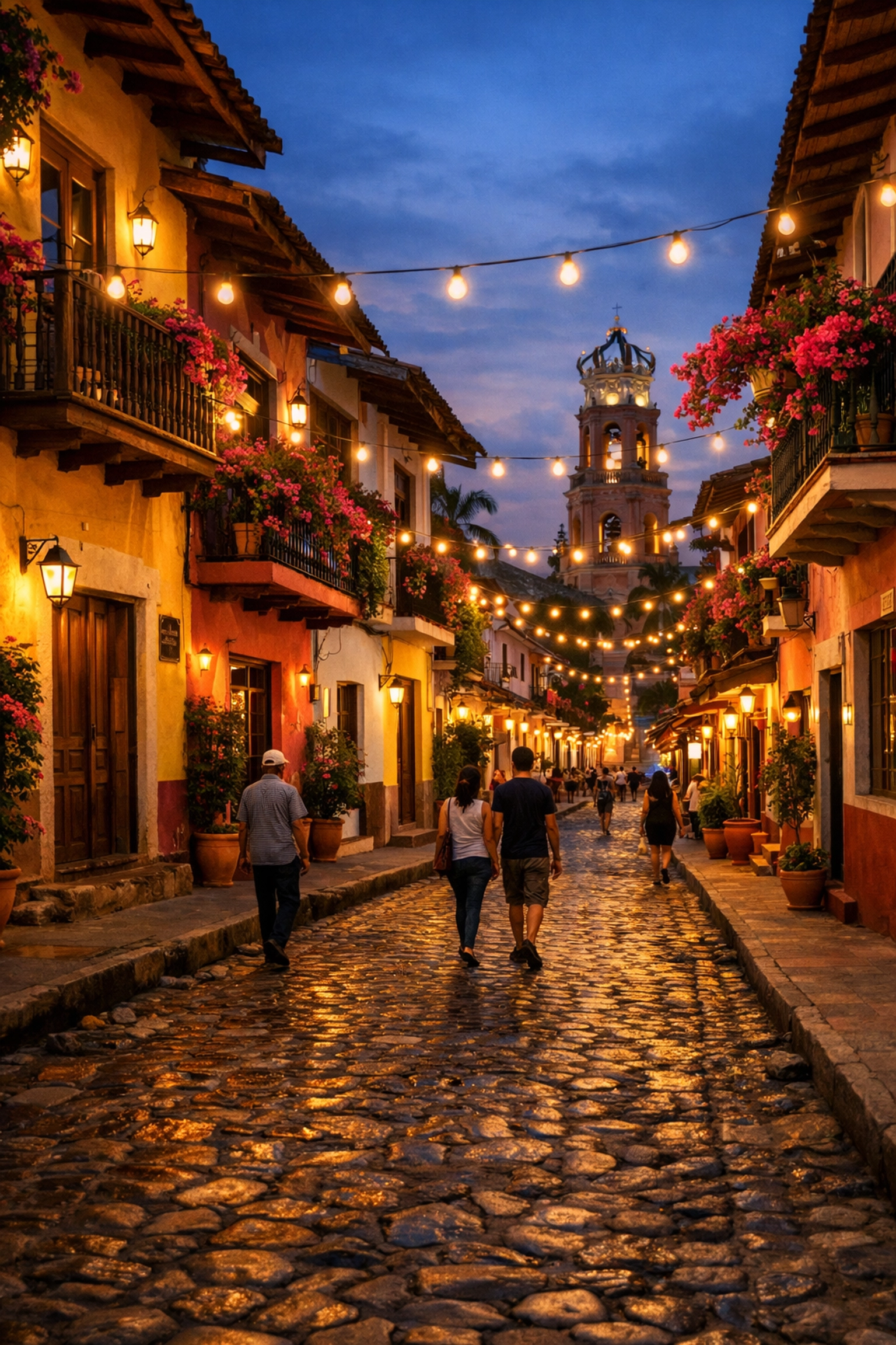 Colorful cobblestone street in Old Town Puerto Vallarta at dusk with colonial architecture